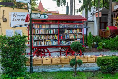 SOVATA, ROMANIA - 24 AĞUSTOS 2022: Romanya 'da 24 Ağustos 2022' de tatil beldesinde kitap büfesi