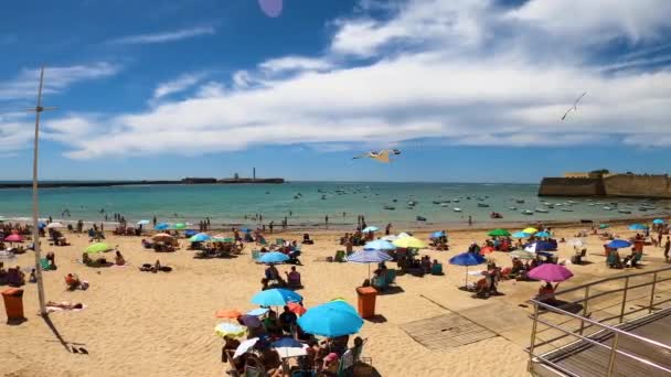 Cadiz España Abril 2023 Caleta Una Playa Situada Centro Histórico — Vídeo de stock