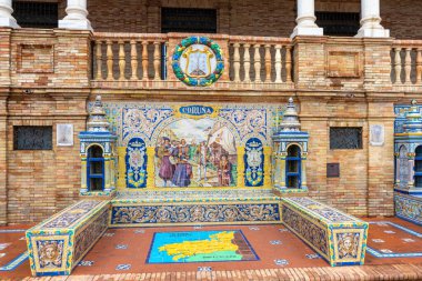 SEVILLA, SPAIN - JANUARY 1, 2023: Spain Square (Plaza de Espana), built on 1928 the Regionalism Architecture mixing Renaissance and Moorish styles in Sevilla, Spain on January 1, 2023