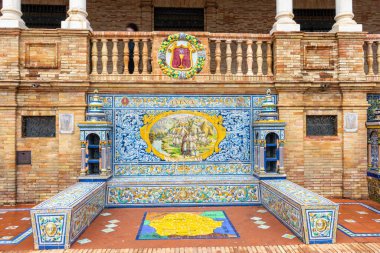 SEVILLA, SPAIN - JANUARY 1, 2023: Spain Square (Plaza de Espana), built on 1928 the Regionalism Architecture mixing Renaissance and Moorish styles in Sevilla, Spain on January 1, 2023