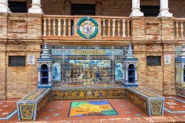 SEVILLA, SPAIN - JANUARY 1, 2023: Spain Square (Plaza de Espana), built on 1928 the Regionalism Architecture mixing Renaissance and Moorish styles in Sevilla, Spain on January 1, 2023