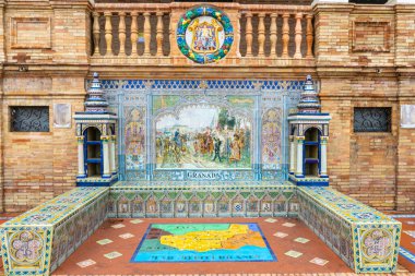 SEVILLA, SPAIN - JANUARY 1, 2023: Spain Square (Plaza de Espana), built on 1928 the Regionalism Architecture mixing Renaissance and Moorish styles in Sevilla, Spain on January 1, 2023