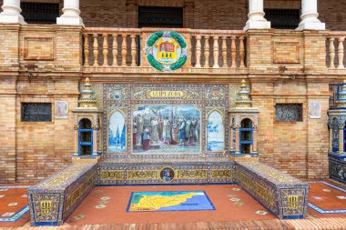 SEVILLA, SPAIN - JANUARY 1, 2023: Spain Square (Plaza de Espana), built on 1928 the Regionalism Architecture mixing Renaissance and Moorish styles in Sevilla, Spain on January 1, 2023