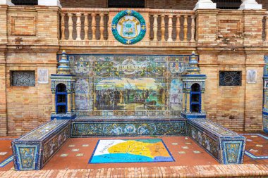 SEVILLA, SPAIN - JANUARY 1, 2023: Spain Square (Plaza de Espana), built on 1928 the Regionalism Architecture mixing Renaissance and Moorish styles in Sevilla, Spain on January 1, 2023