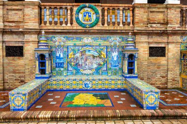 SEVILLA, SPAIN - JANUARY 1, 2023: Spain Square (Plaza de Espana), built on 1928 the Regionalism Architecture mixing Renaissance and Moorish styles in Sevilla, Spain on January 1, 2023