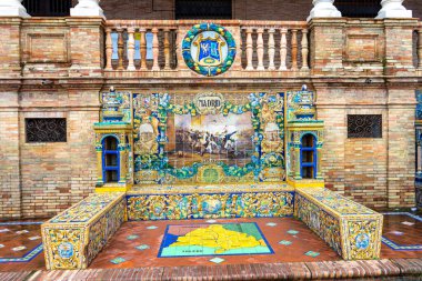 SEVILLA, SPAIN - JANUARY 1, 2023: Spain Square (Plaza de Espana), built on 1928 the Regionalism Architecture mixing Renaissance and Moorish styles in Sevilla, Spain on January 1, 2023