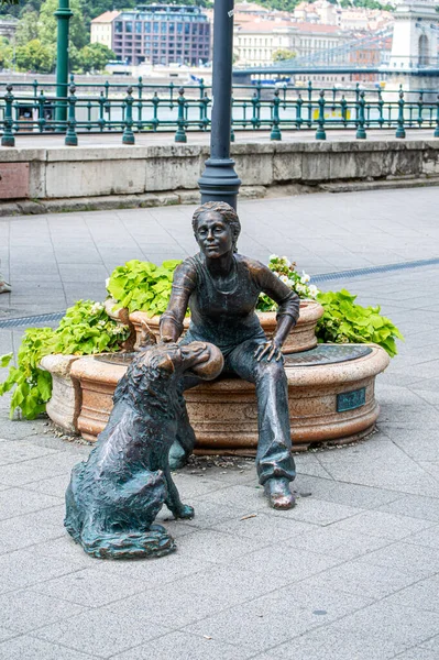 Budapest Hungría Julio 2023 Niña Jugando Con Una Estatua Perro — Foto de Stock