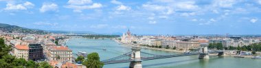 BUDAPEST, HUNGARY - 7 Temmuz 2023: Budapeşte, Macaristan 'da Tuna Nehri' nin doğu kıyısı