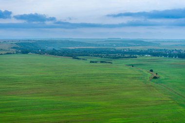 Dinyester Nehri 'nin Panoraması. Kanyonlu manzara, orman ve önünde bir nehir. Dniester Nehri. Ukrayna