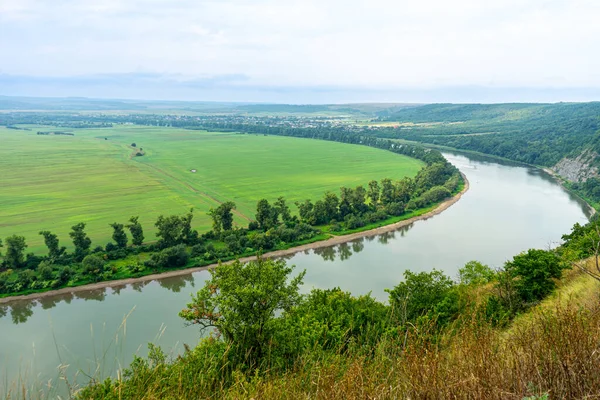 Dinyester Nehri 'nin Panoraması. Kanyonlu manzara, orman ve önünde bir nehir. Dniester Nehri. Ukrayna