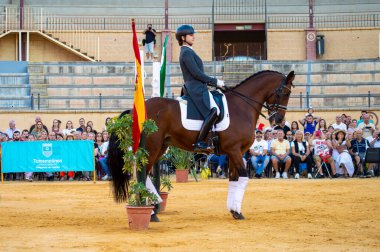 TORREMOLINOS, İspanya - 30 Eylül 2023: Atlılar 30 Eylül 2023 tarihinde İspanya 'nın Torremolinos kentindeki San Miguel fuarında gösteri yaptılar