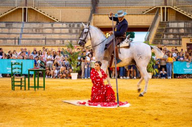 TORREMOLINOS, İspanya - 30 Eylül 2023: Atlılar 30 Eylül 2023 tarihinde İspanya 'nın Torremolinos kentindeki San Miguel fuarında gösteri yaptılar