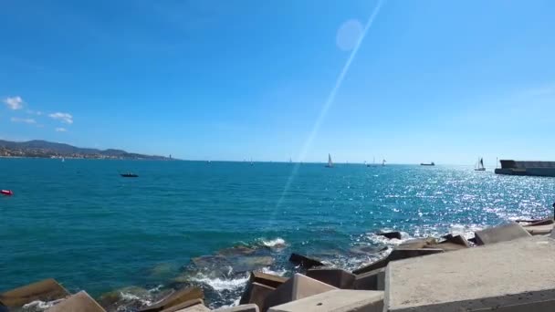 Malaga Spagna Settembre 2023 Barche Mare Fronte Alla Spiaggia Malageta — Video Stock