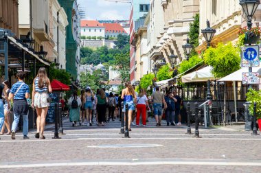 BUDAPEST, HUNGARY - 7 Temmuz 2023: 7 Temmuz 2023 tarihinde Macaristan 'ın Budapeşte kentindeki ilk Macaristan Kralı Stephen' ın anısına St. Stephen Bazilikası 'na doğru yolda yürümek
