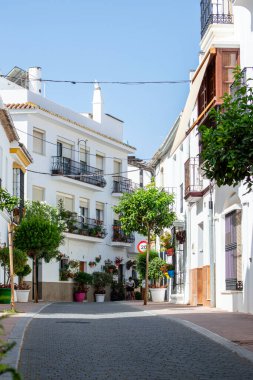 ESTEPONA, İspanya - 29 Temmuz 2023 'te İspanya' nın Estepona kentinde güneşli bir yaz gününde şehir merkezinde yürüyüş