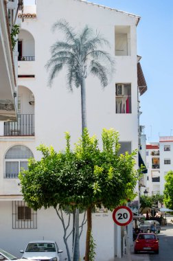 ESTEPONA, İspanya - 29 Temmuz 2023 'te İspanya' nın Estepona kentinde güneşli bir yaz gününde şehir merkezinde yürüyüş