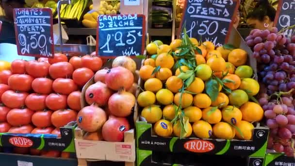 马德里 2023年11月22日 2023年11月22日 西班牙马拉加Atarazanas中央市场上新鲜海鲜 蔬菜和水果的多样性融合 — 图库视频影像