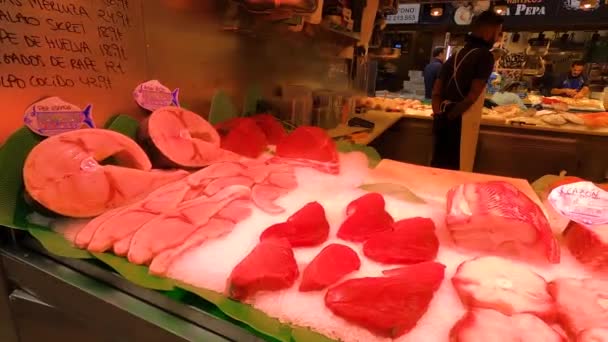Malaga Spain November 2023 Enjoining Diversity Fresh Seafood Meat Vegetables — Stock Video