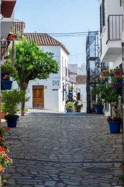 ESTEPONA, İspanya - 29 Temmuz 2023 'te İspanya' nın Estepona kentinde güneşli bir yaz gününde şehir merkezinde yürüyüş