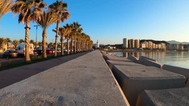 Malaga Spanien Juli 2023 Vacker Soluppgång Vid Malagas Kust Strand — Stockvideo