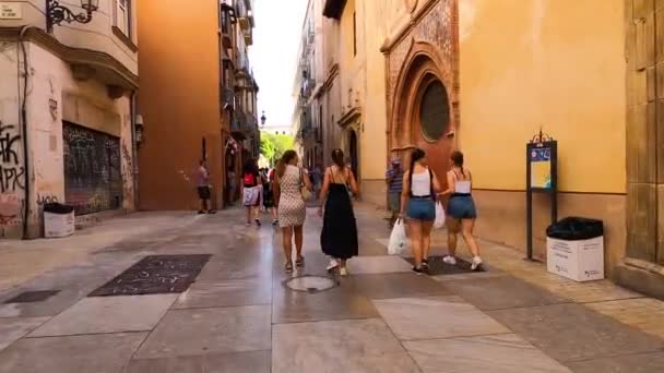 Malaga Spanyolország August 2023 Reggeli Séta Malaga Történelmi Központjában Spanyolországban — Stock videók