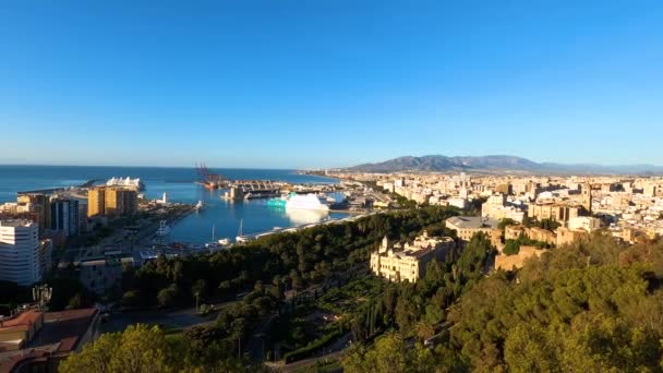 Malaga Hiszpania Wrzesień 2023 Panoramiczny Widok Lotu Ptaka Malagę Słoneczny — Wideo stockowe