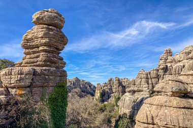Torcal de Antequerra Ulusal Parkı 'nda yürüyüş, kireçtaşı kaya oluşumları ve Endülüs, Malaga, İspanya' da alışılmadık karst şekilleriyle tanınan.
