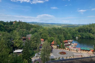 SOVATA, ROMANIA - AUGUST 24, 2022: Sovata city and Ursul lake resort. It is known for balneoclimateric and mud treatments. Sovata, Romania on August 24, 2022 clipart
