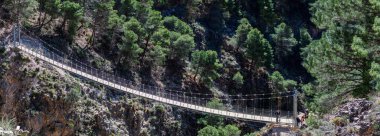 Alman nehri üzerinden Colgante Köprüsü 'ne (Puente Colgante El Saltillo) yürüyüş yolu, Sierra Tejeda, İspanya