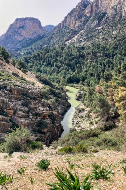 Caminito del Ray, Kralın Yolu. El Chorro, Malaga, İspanya 'da dar bir boğazın dik duvarları boyunca uzanan yürüyüş yolu