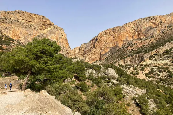 EL CHORRO, İspanya - 19 Mart 2024: Caminito del Rey, Kralın Yolu. 19 Mart 2024 'te Malaga, İspanya' nın El Chorro kentindeki dar bir geçitin sarp duvarları boyunca sıkıştı.
