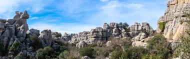 Torcal de Antequerra Ulusal Parkı 'nda yürüyüş, kireçtaşı kaya oluşumları ve Endülüs, Malaga, İspanya' da alışılmadık karst şekilleriyle tanınan.