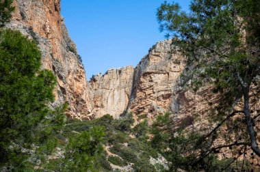 Caminito del Ray, Kralın Yolu. El Chorro, Malaga, İspanya 'da dar bir boğazın dik duvarları boyunca uzanan yürüyüş yolu