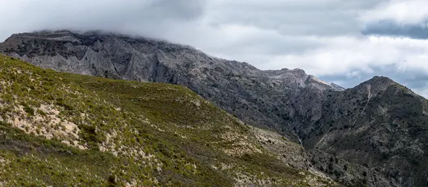 Fırtına gününde Maroma tepesine doğru yürüyüş yolunda sis ve bulutlar, Sierra Tejeda, İspanya 