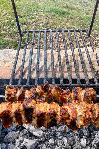 Metal şiş üzerinde ızgara domuz eti. Shashlik ya da şiş kebap ızgarada ızgara kömürle ızgara sebzeyle hazırlandı..