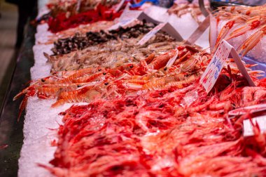 İspanya, Valencia 'daki merkez marketten deniz ürünleri almak.