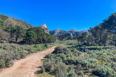 Maroma Tepesi, Sierra Tejeda, İspanya 'ya yürüyüş parkurunun panoramik görüntüsü 