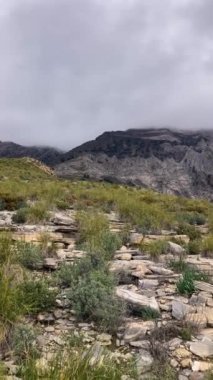 Fırtına gününde Maroma tepesine doğru yürüyüş yolunda sis ve bulutlar, Sierra Tejeda, İspanya 