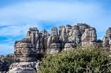 Torcal de Antequerra Ulusal Parkı 'nda yürüyüş, kireçtaşı kaya oluşumları ve Endülüs, Malaga, İspanya' da alışılmadık karst şekilleriyle tanınan.