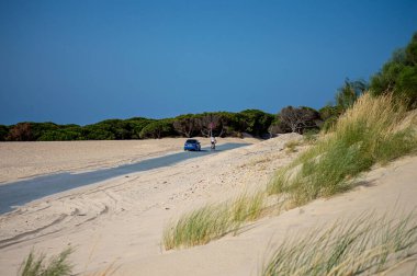 TARIFA, İspanya - 25 Mayıs 2024: Tarifa Valdevaqueros Dune, İspanya Cebelitarık Boğazı 'ndaki eski yolda bisikletçiler, 25 Mayıs 2024