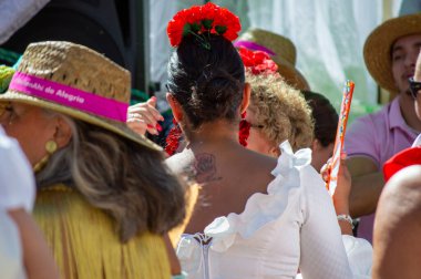 TORREMOLINOS, SPAIN - 24 Eylül 2023: 24 Eylül 2023 tarihinde İspanya 'nın Torremolinos kentindeki fuarın ilk günü olarak geleneksel San Miguel Romeria (Romeria de San Miguel) festivalinde hacılar