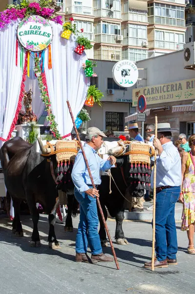 TORREMOLINOS, SPAIN - 24 Eylül 2023: 24 Eylül 2023 tarihinde İspanya 'nın Torremolinos kentindeki fuarın ilk günü olarak geleneksel San Miguel Romeria (Romeria de San Miguel) festivalinde hacılar