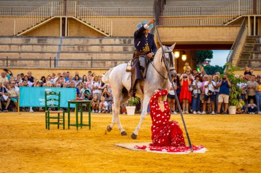 TORREMOLINOS, İspanya - 30 Eylül 2023: Atlılar 30 Eylül 2023 tarihinde İspanya 'nın Torremolinos kentindeki San Miguel fuarında gösteri yaptılar