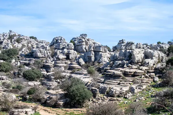 stock image Hiking in the Torcal de Antequerra National Park, limestone rock formations and known for unusual karst landforms in Andalusia, Malaga, Spain.