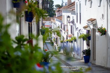 MIJAS, SPAIN - 7 Temmuz 2024: Kosta del Sol 'a tepeden bakan, İspanya' nın Endülüs kentindeki Mijas, Endülüs kentindeki beyaz yıkanmış binalar köyü ile tanınan büyüleyici beyaz İspanyol köyü