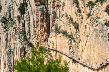 Caminito del Ray, Kralın Yolu. El Chorro, Malaga, İspanya 'da dar bir boğazın dik duvarları boyunca uzanan yürüyüş yolu