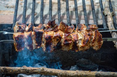 Metal şiş üzerinde ızgara domuz eti. Shashlik ya da şiş kebap ızgarada ızgara kömürle ızgara sebzeyle hazırlandı..