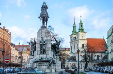 KRAKOW, POLAND - 21 Aralık 2023: Grunwald Anıtı, Polonya Kralı II. Wladyslaw Jagiello 'nun 21 Aralık 2023 tarihinde Polonya' nın Krakow kentinde yapılan bir binicilik heykeli.