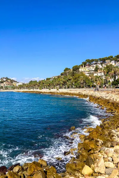 İspanya, Malaga 'da sabah deniz gezintisinde yürüyorum.