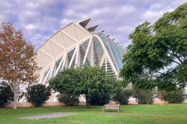 VALENCIA, SPAIN - NOVEMBER 18, 2024: Golden sunrise illuminates futuristic architecture, reflecting in serene waters of Valencia's City of Arts and Sciences in Valencia, Spain on November 18, 2024 clipart